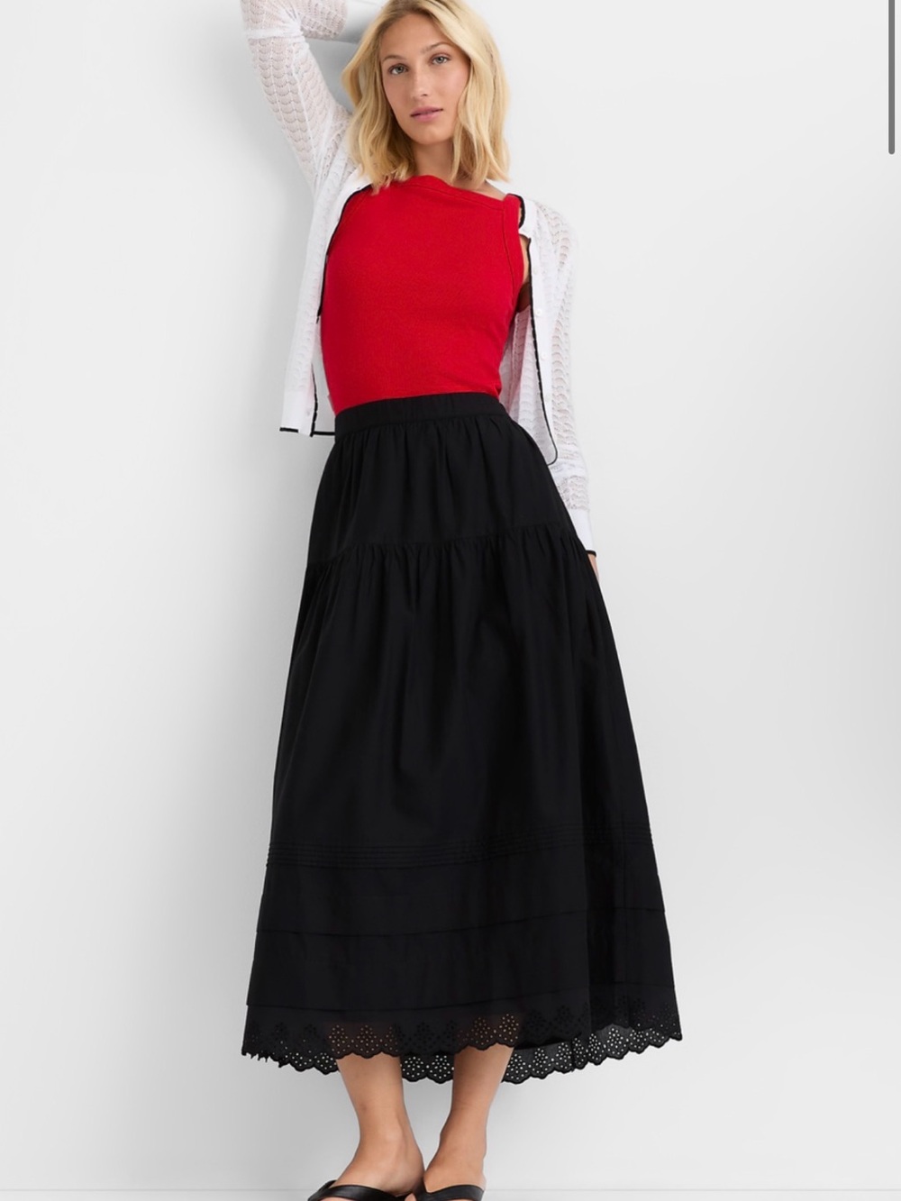 LOFT Black Tiered Maxi Skirt with Eyelet Hem